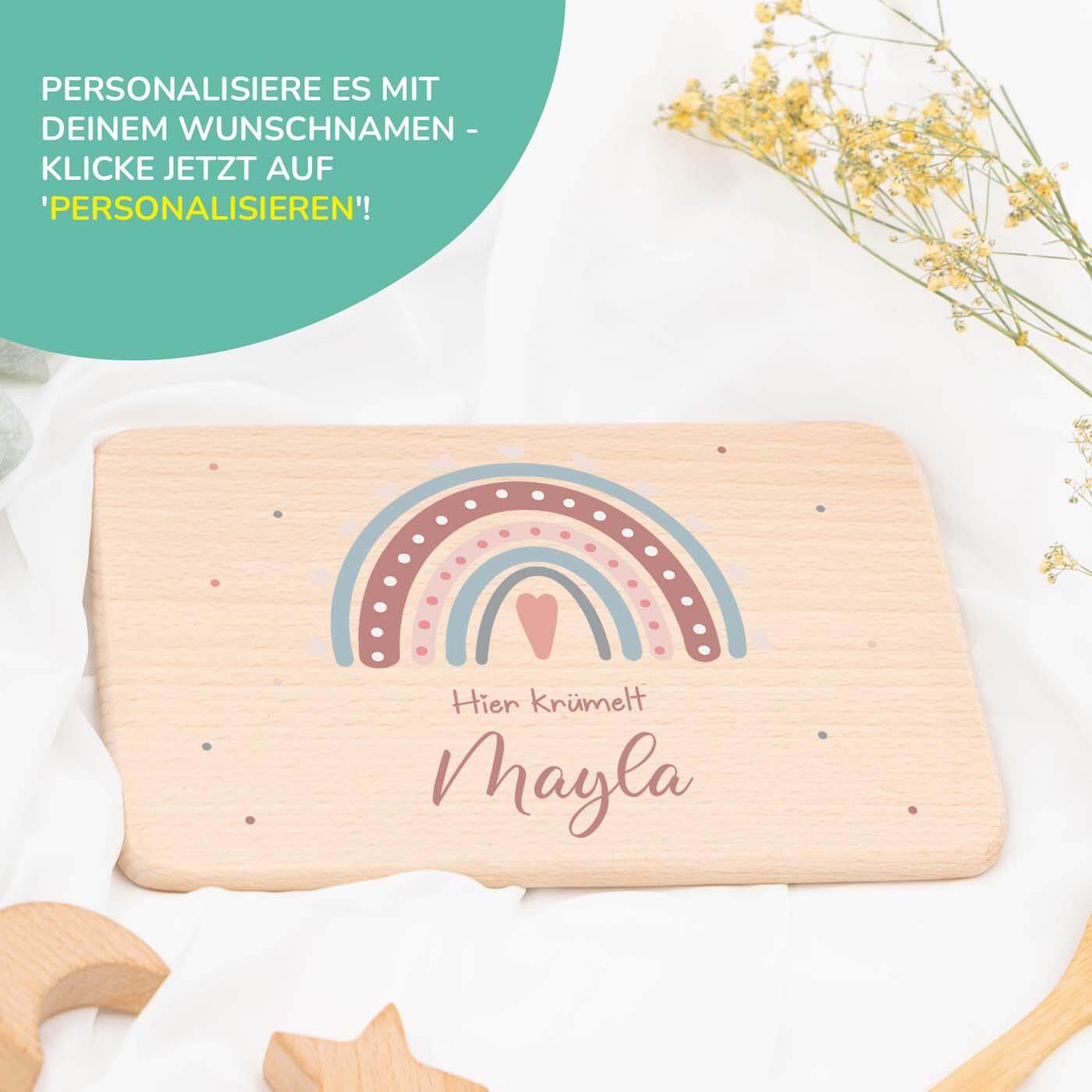 hochwertiges frühstücksbrettchen mit regenbogen personalisiert