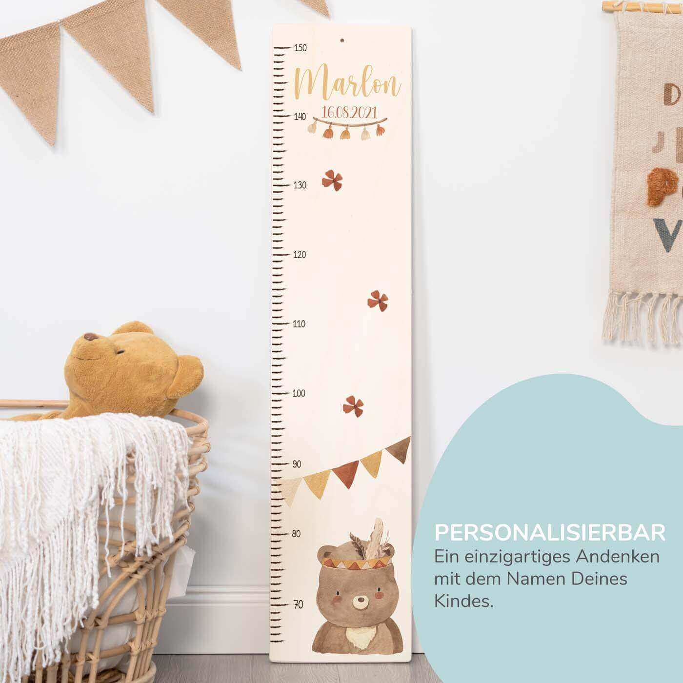 messlatte mit bär boho und namensgravur für kinderzimmer