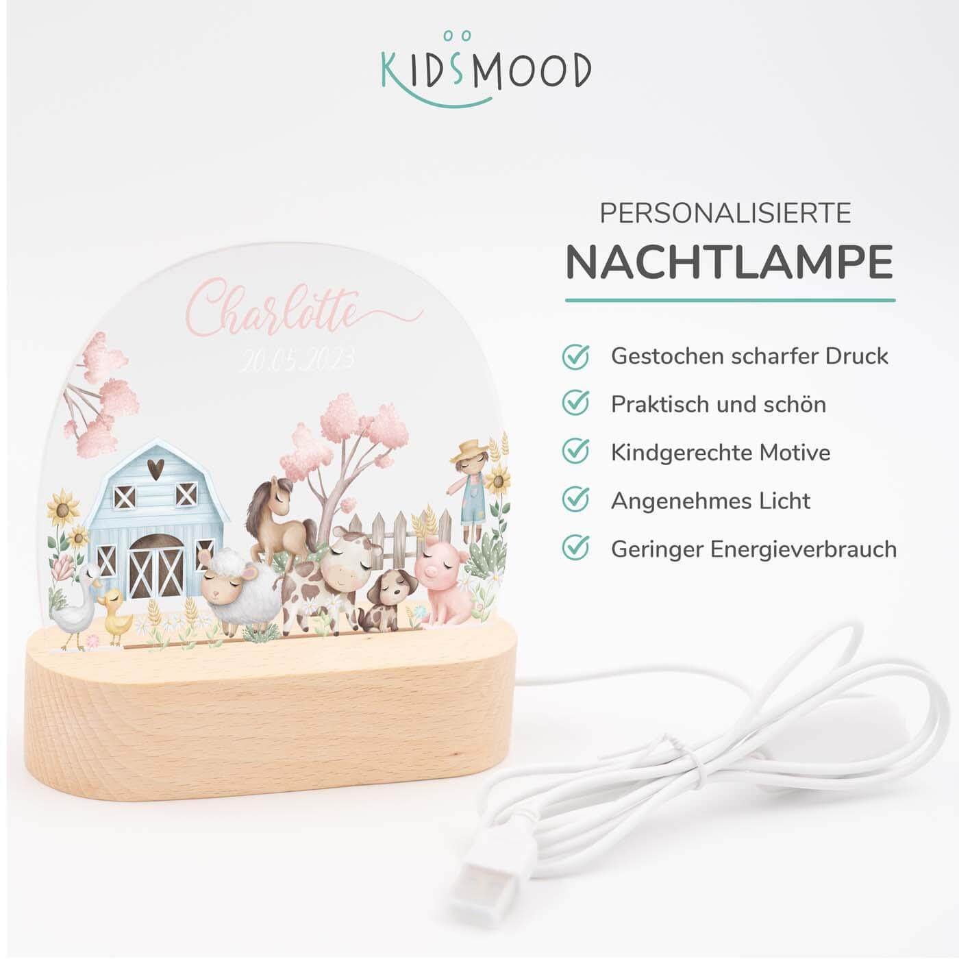 detailansicht des bauernhof designs auf der nachtlampe