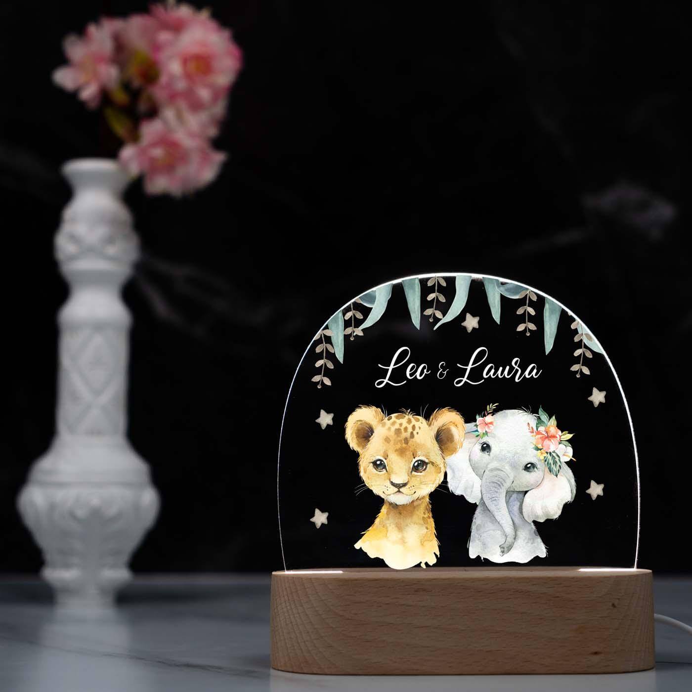 Personalisierte Nachtlampe für Kinder - Löwe Elefant