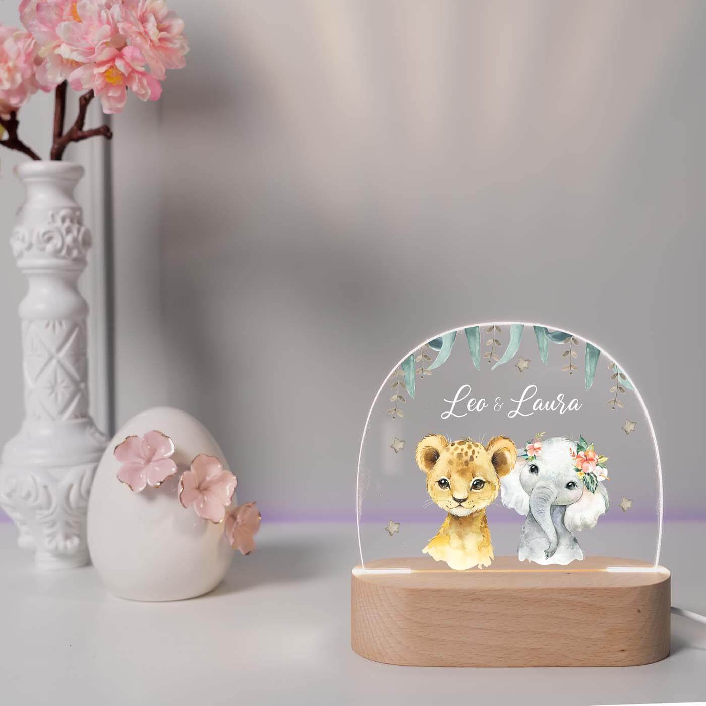 Personalisierte Nachtlampe für Kinder - Löwe Elefant