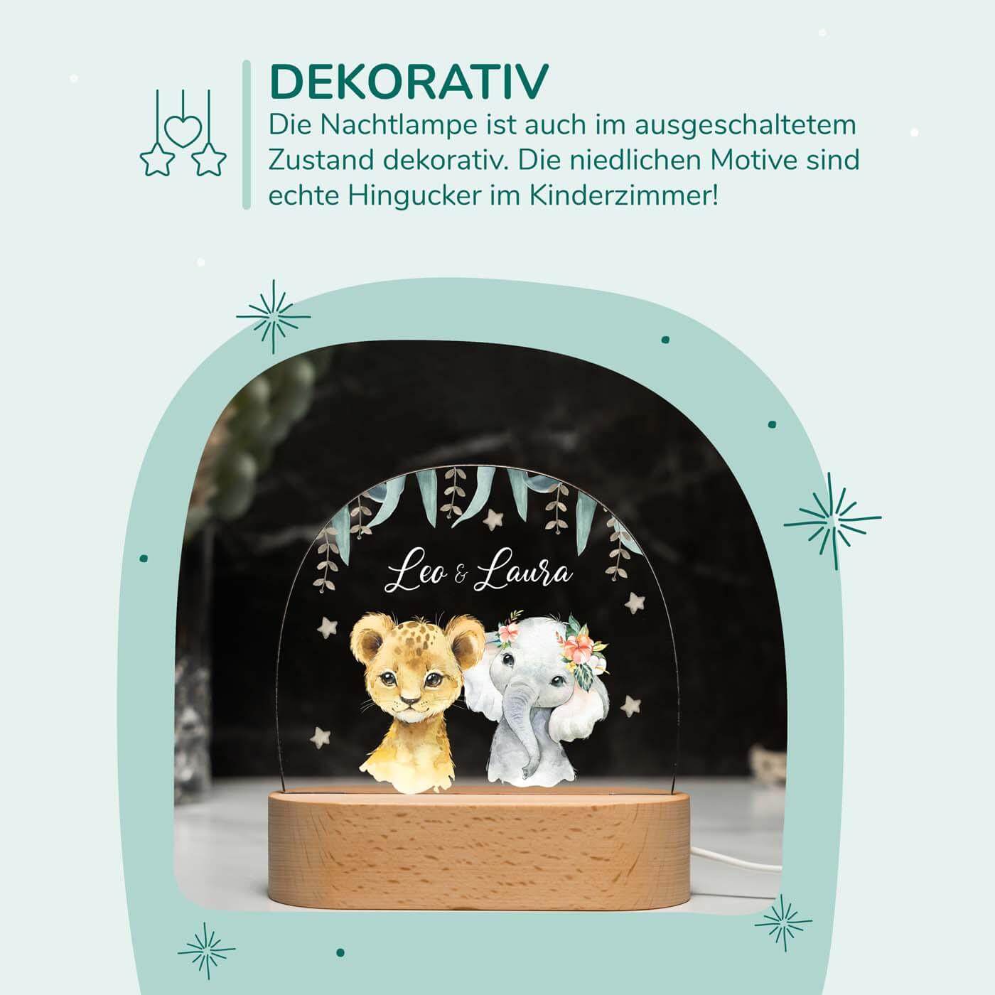 Personalisierte Nachtlampe für Kinder - Löwe Elefant