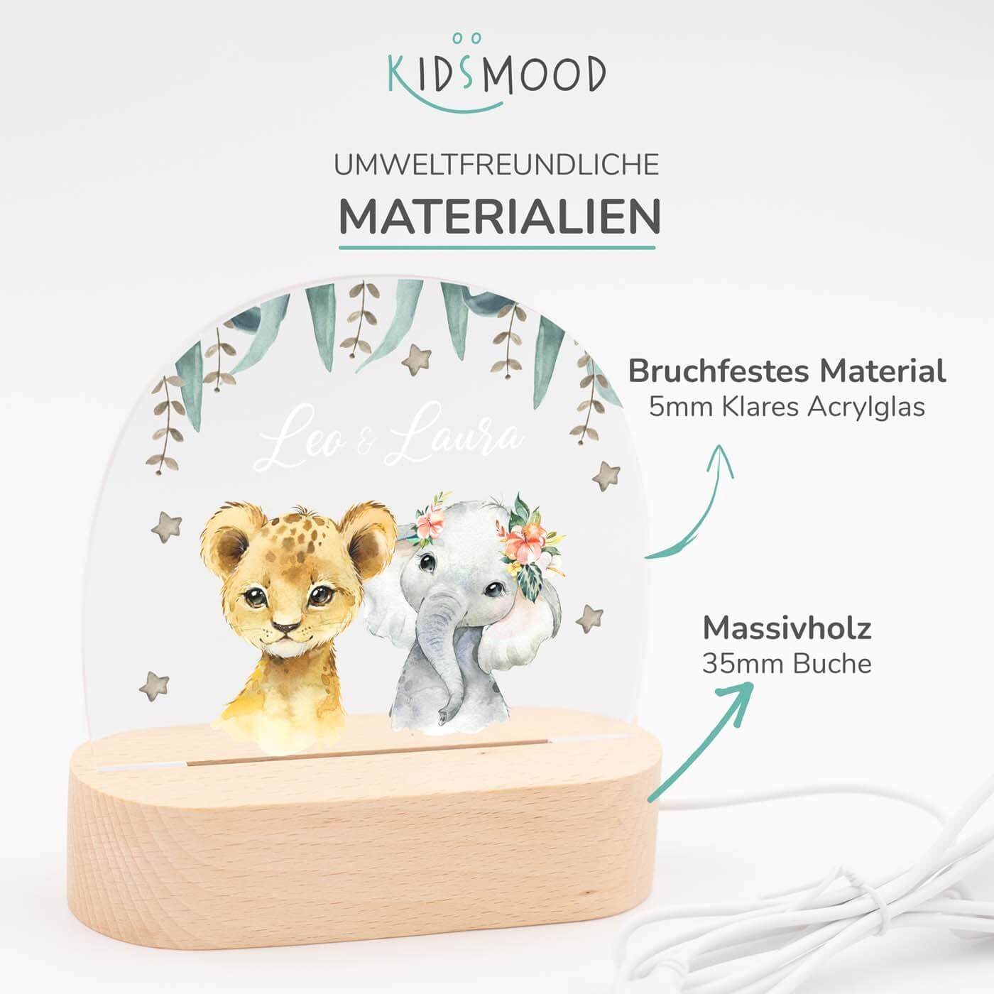Personalisierte Nachtlampe für Kinder - Löwe Elefant