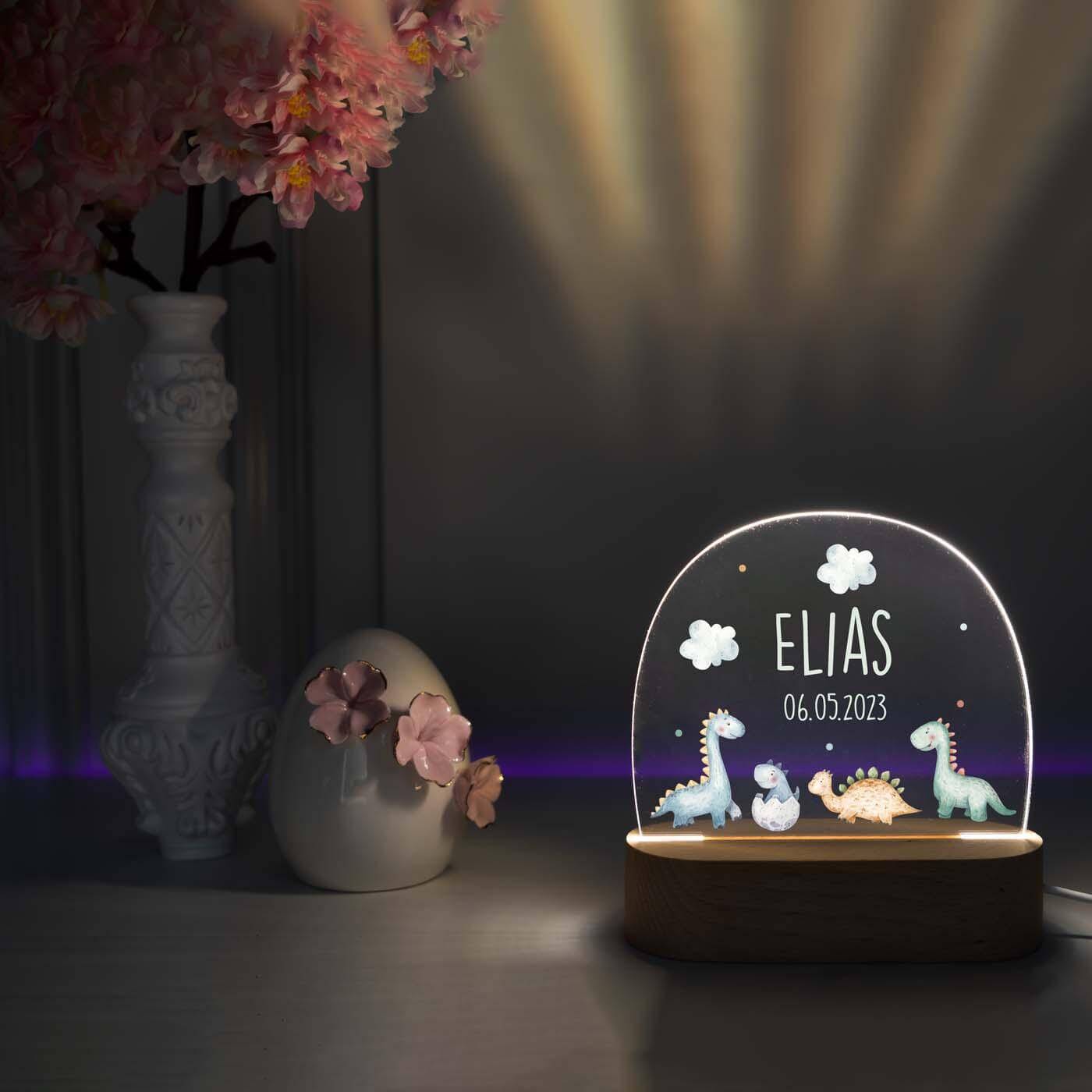 night lamp with baby dinos design and personalized name