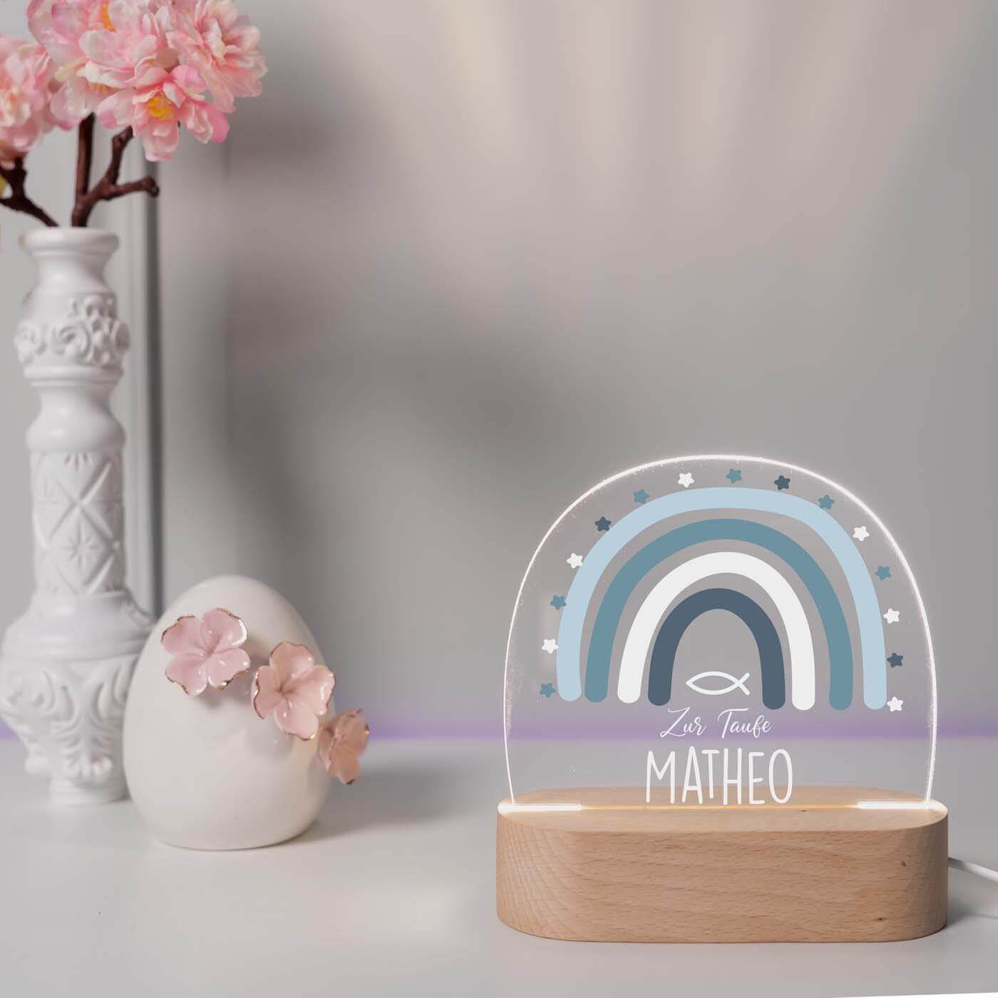 engraved night lamp with green rainbow, baptism fish, and custom name