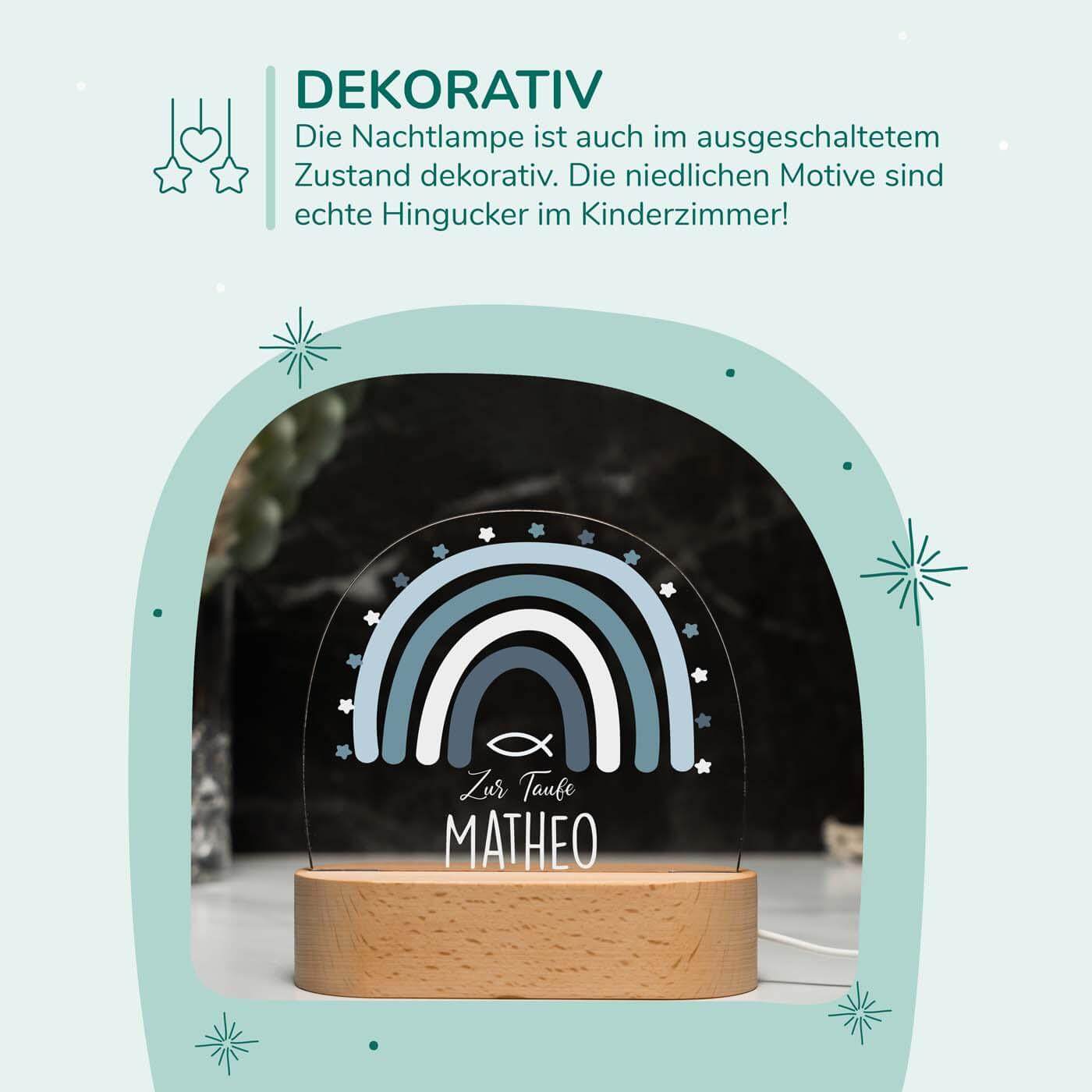 high-quality personalized night lamp with green rainbow and baptism fish