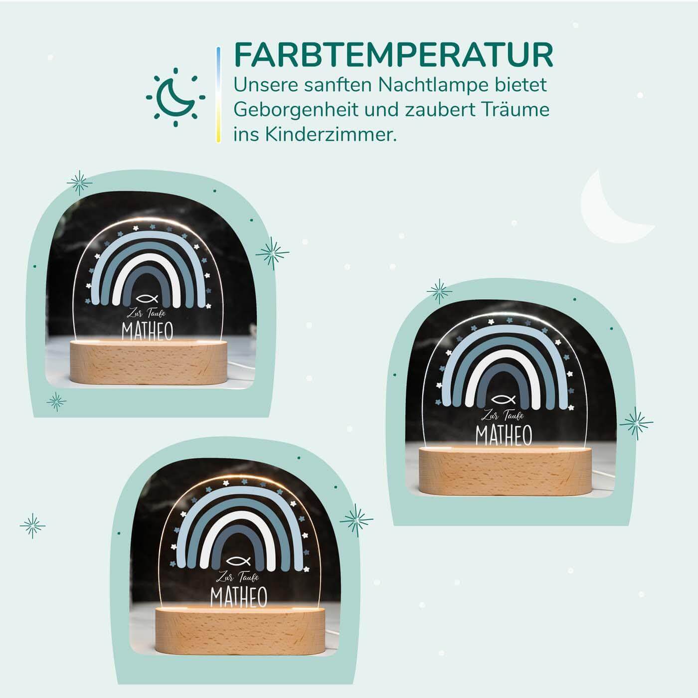 handcrafted night lamp with regenbogen and tauffisch engraving