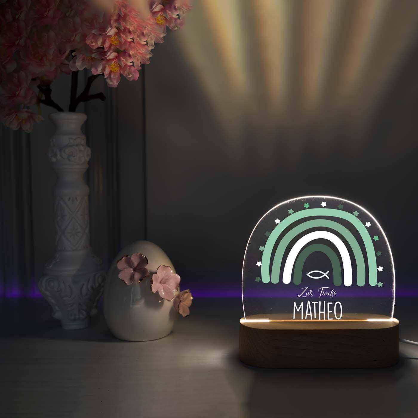 Personalisierte Nachtlampe für Kinder - Regenbogen Grün Tauffisch