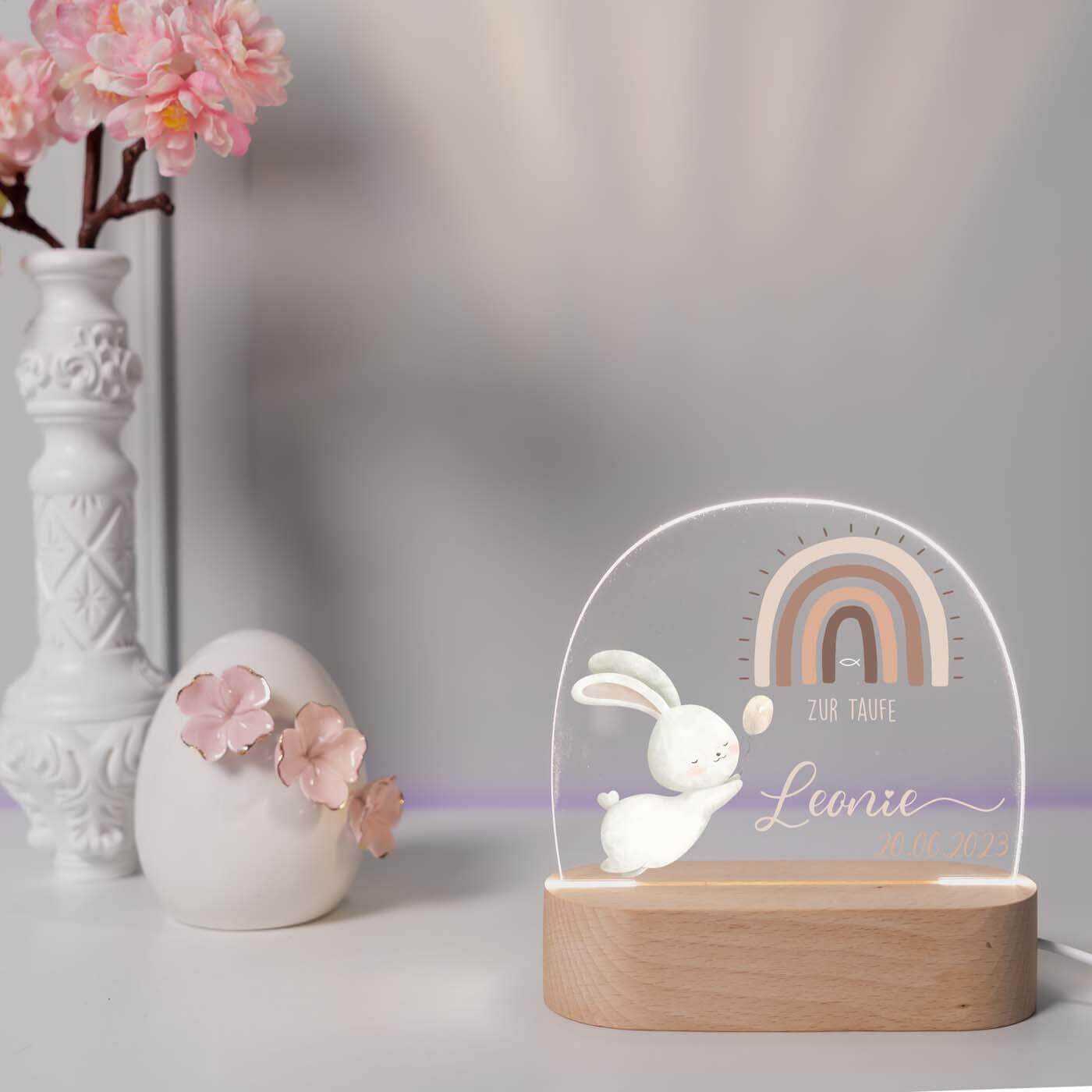 Personalisierte Nachtlampe für Kinder - Regenbogen & Hase