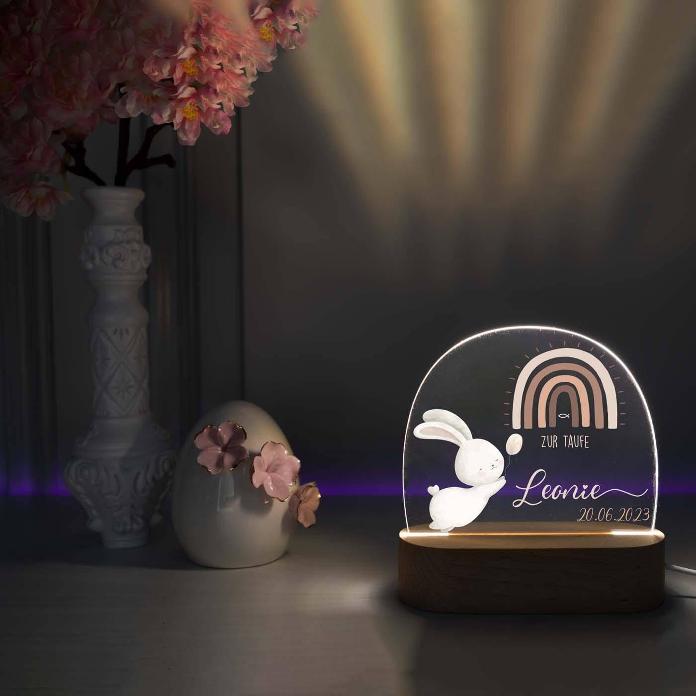 Personalisierte Nachtlampe für Kinder - Regenbogen & Hase