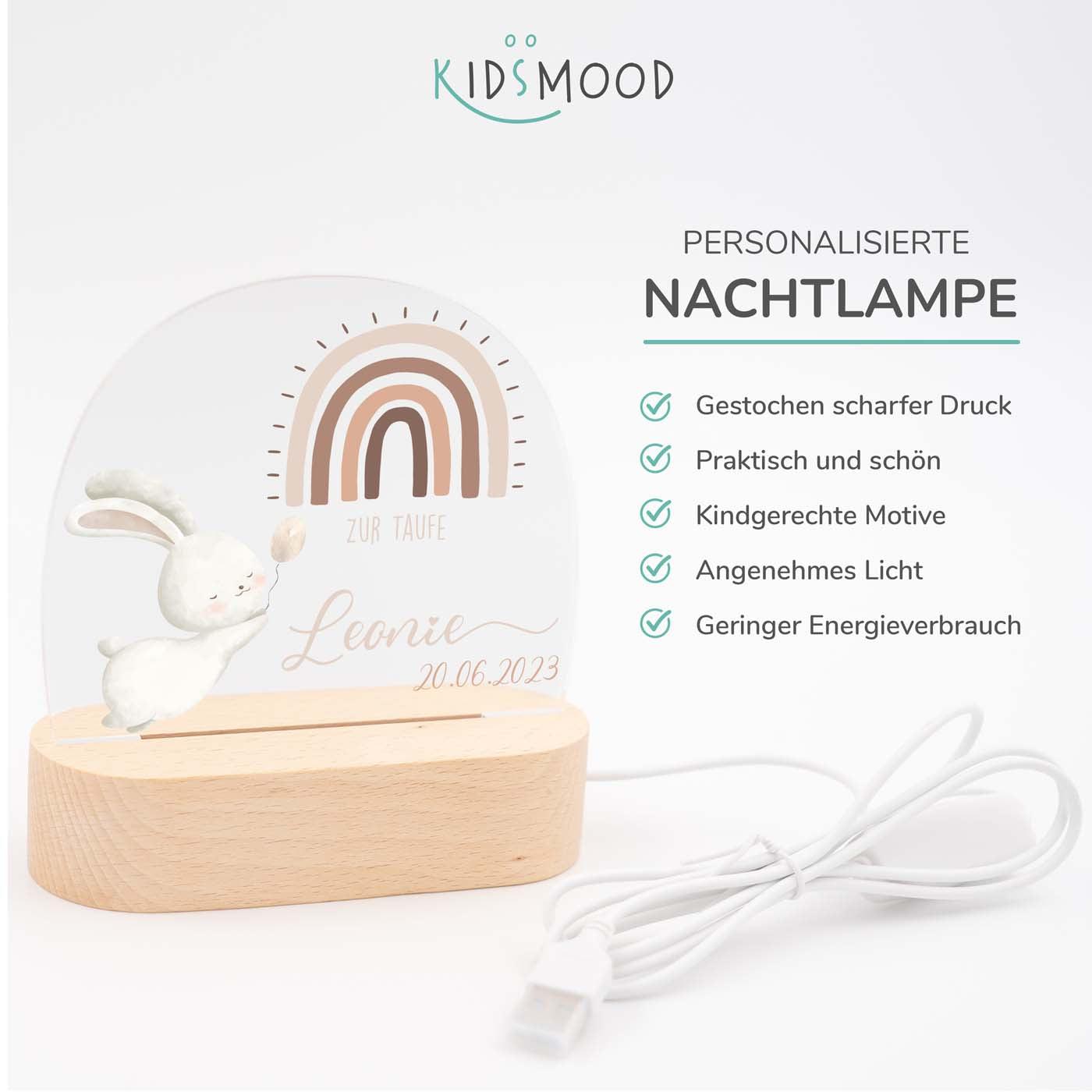Personalisierte Nachtlampe für Kinder - Regenbogen & Hase