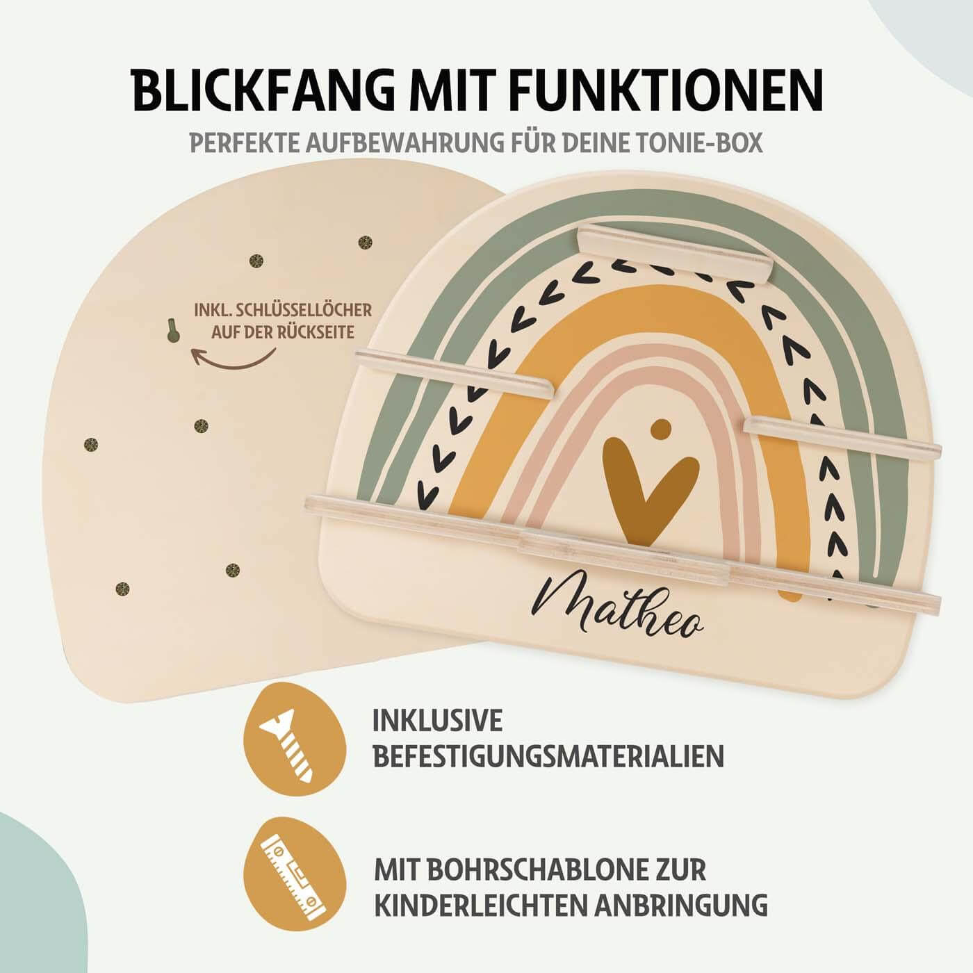 Tonie shelf with standard regenbogen design and personalized name