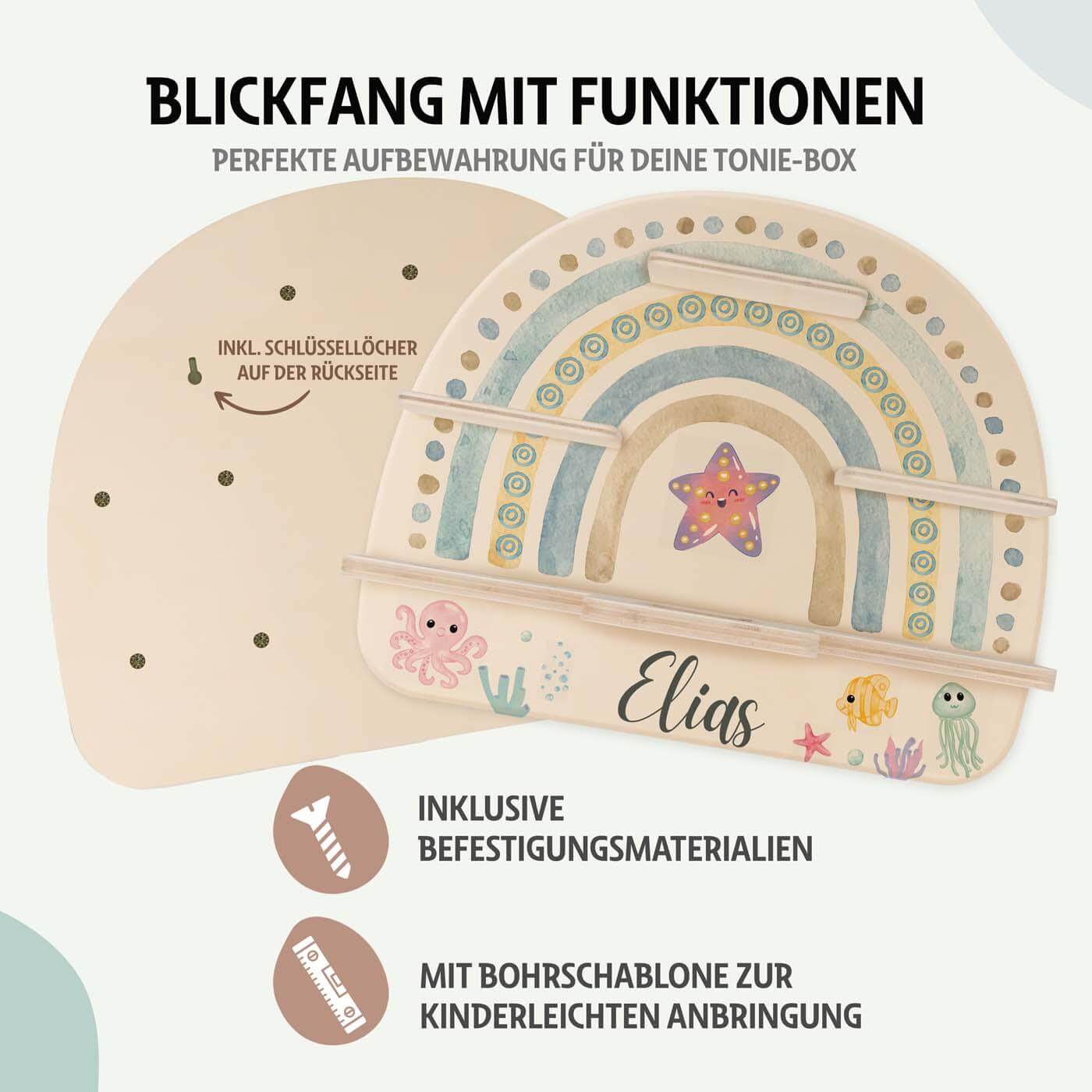 tonie-regal mit boho regenbogen und meer motiv und individuellem namen