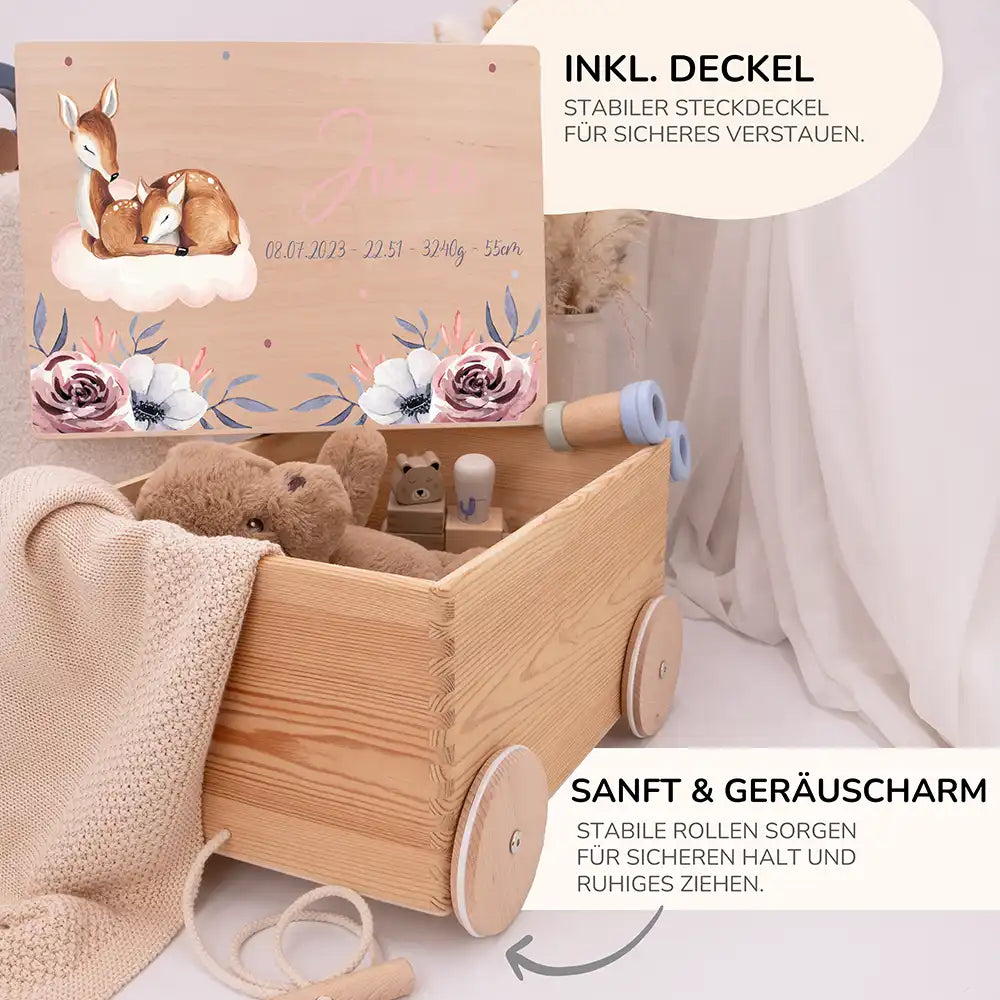 Spielzeugkiste mit Rädern personalisiert - Mama Reh