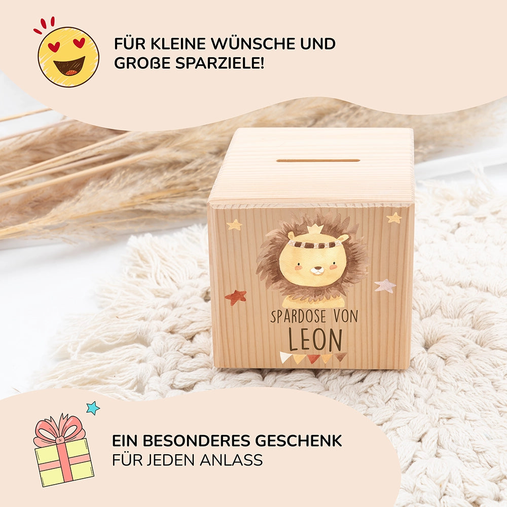 Spardose Kinder, Sparschwein personalisiert bunt - Löwe mit Sternen