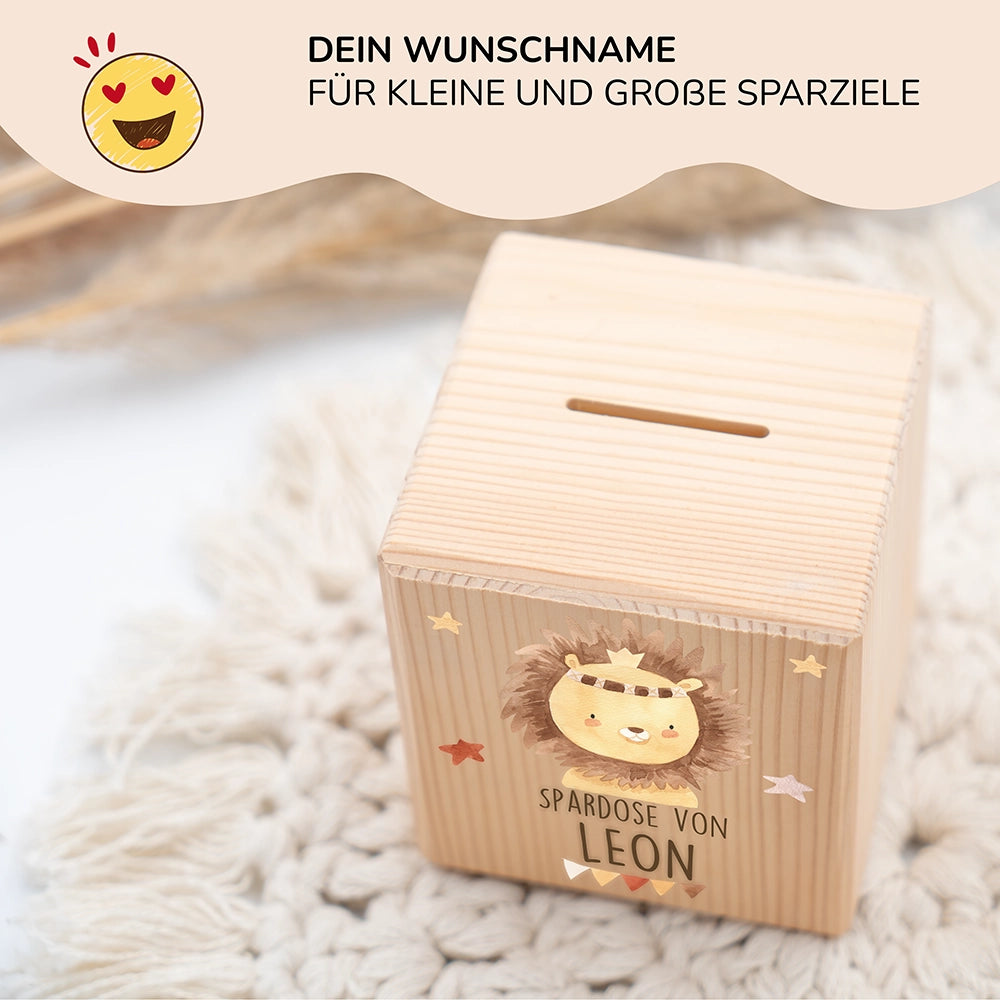 Spardose Kinder, Sparschwein personalisiert bunt - Löwe mit Sternen