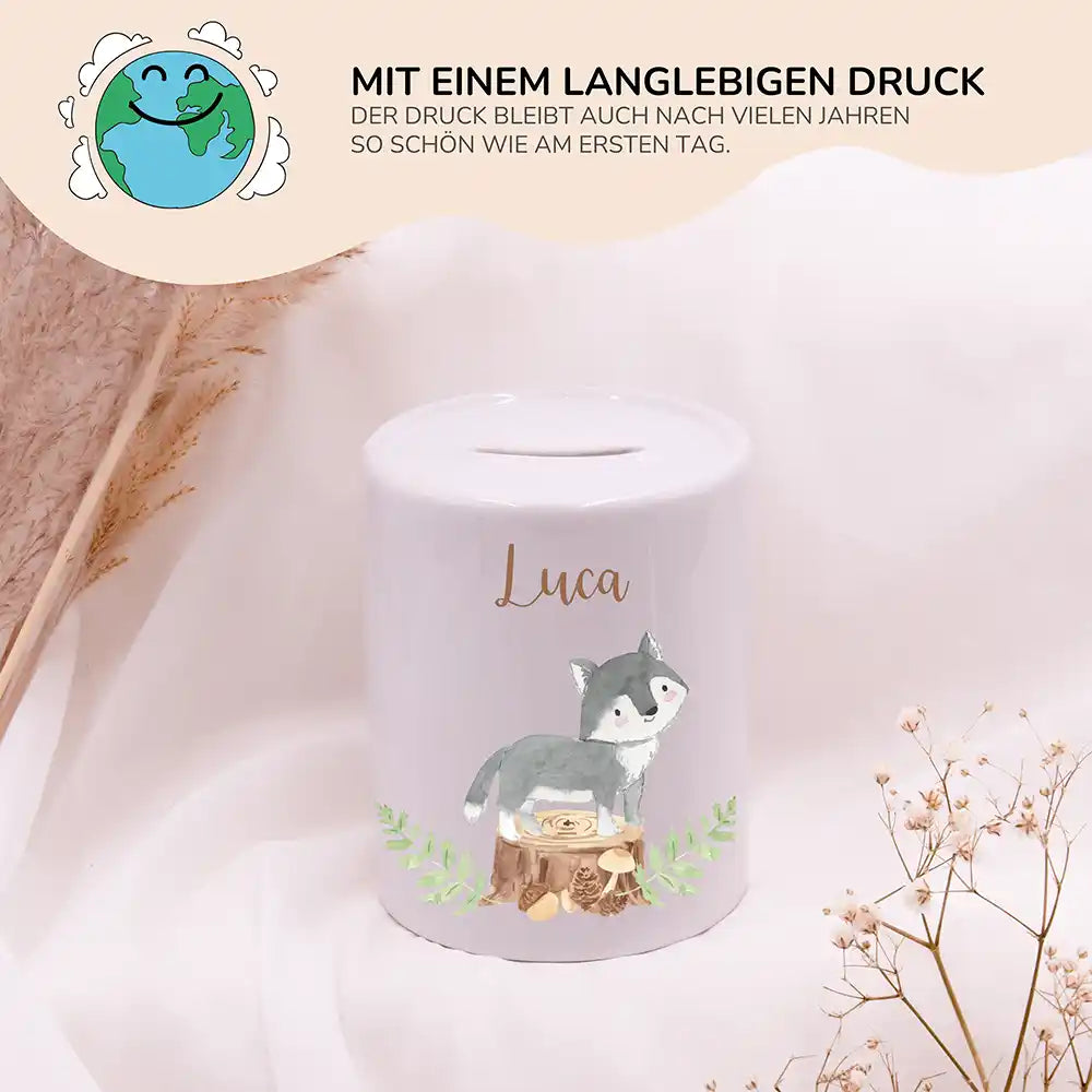 Spardose Kinder aus Keramik - Wolf Waldtiere
