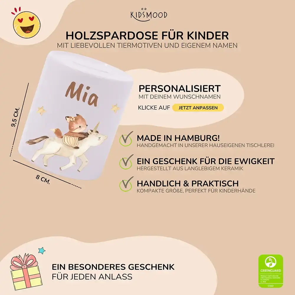Kinderspardose aus Keramik - Zauberhaftes Eichhörnchen auf Einhorn