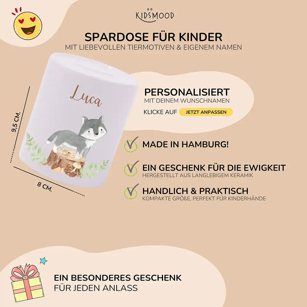 Spardose Kinder aus Keramik - Wolf Waldtiere