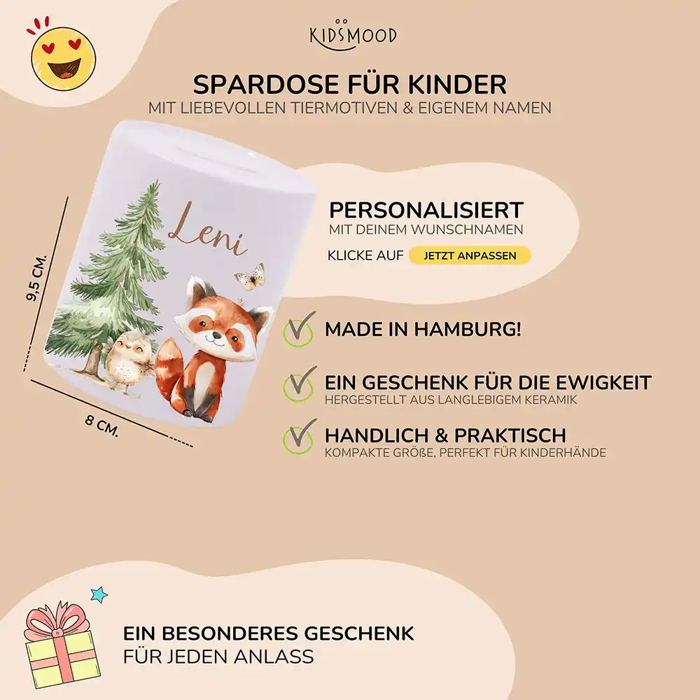 Spardose Kinder aus Keramik - Fuchs im Wald