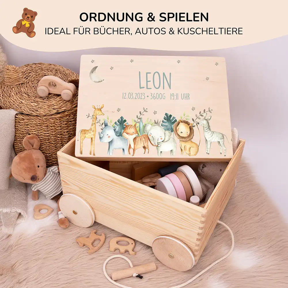 Spielzeugkiste mit Rädern personalisiert - Safari Tiere