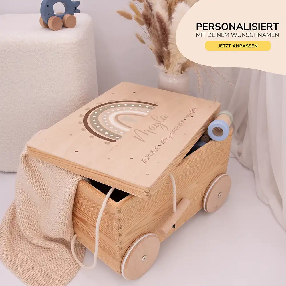 Spielzeugkiste mit Rädern personalisiert - Beige Regenbogen