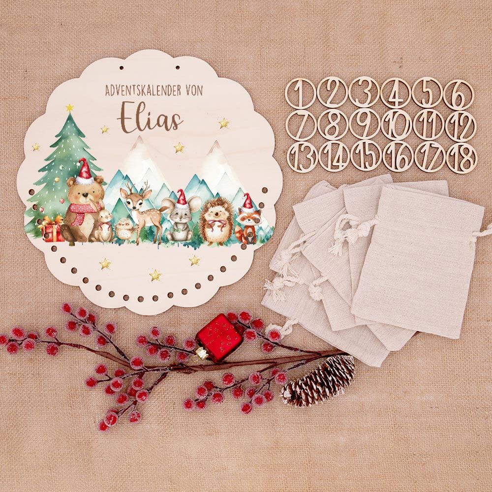 Personalisierter runder Adventskalender Kinder aus Holz - Winterwald & seine Bewohner
