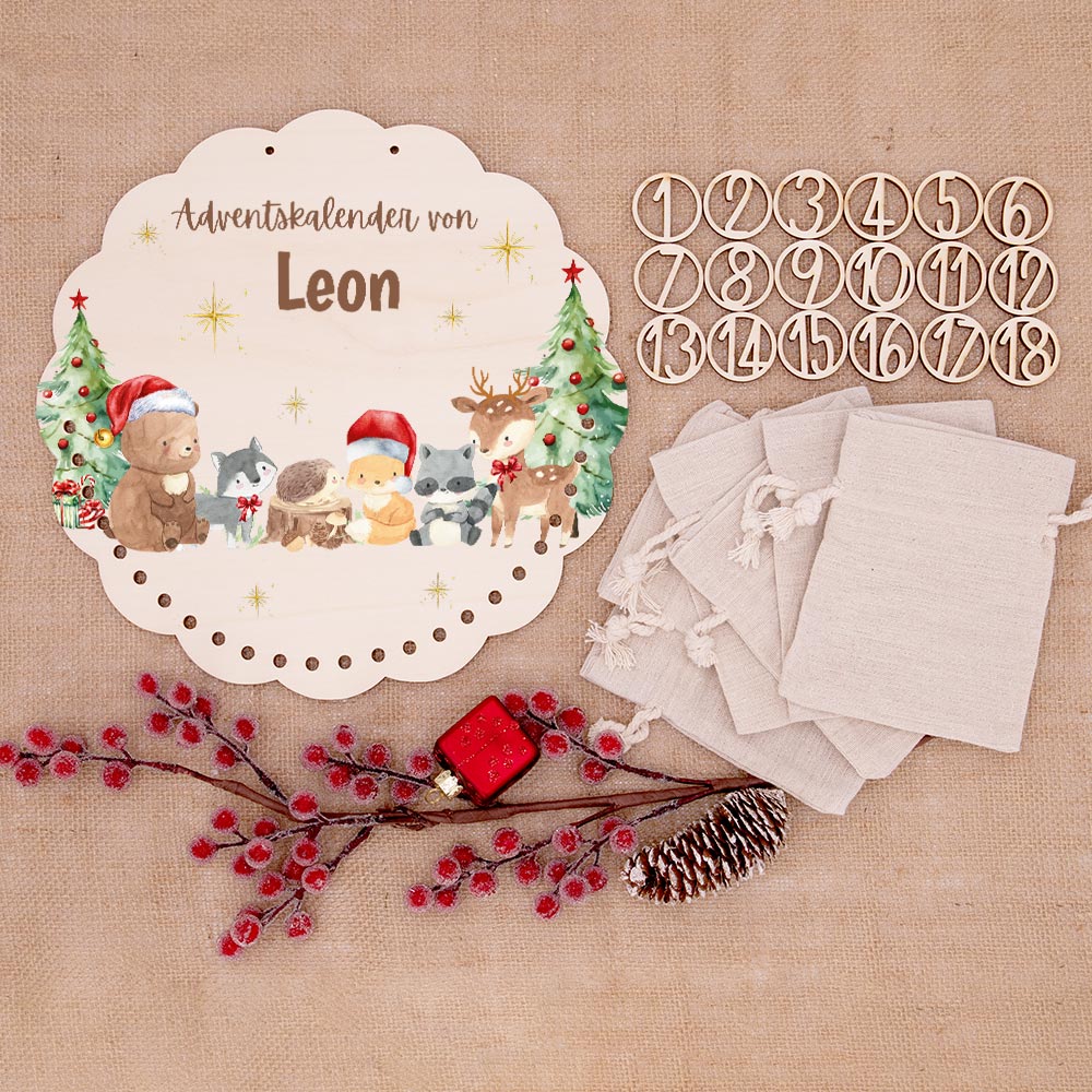 Personalisierter runder Adventskalender Kinder aus Holz - Winterwunderland
