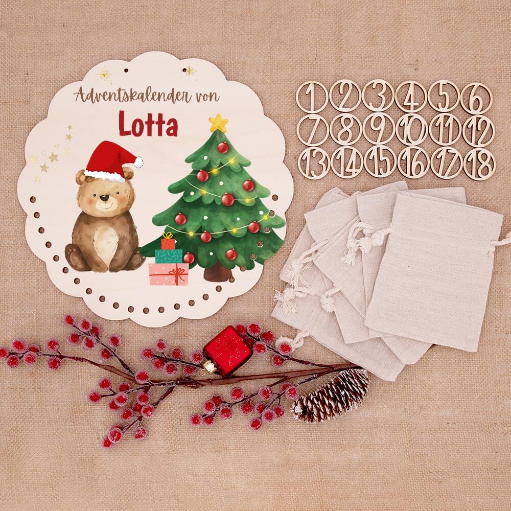 Personalisierter runder Adventskalender Kinder aus Holz - Weihnachtsbär