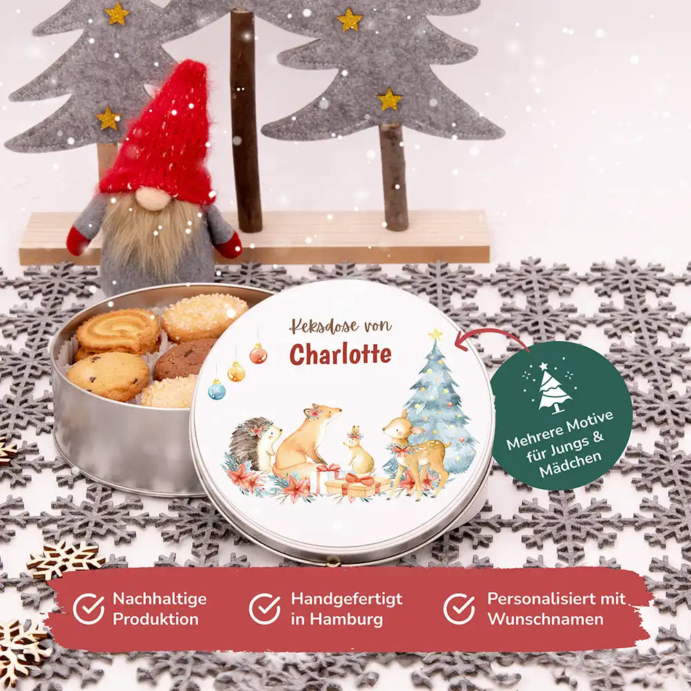 Keksdose aus Metal personalisiert - Festliche Waldfreunde
