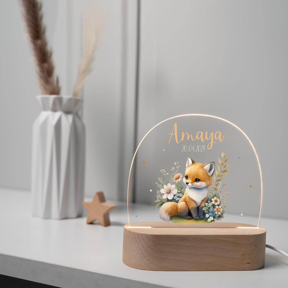 engraved night lamp with fox and custom name