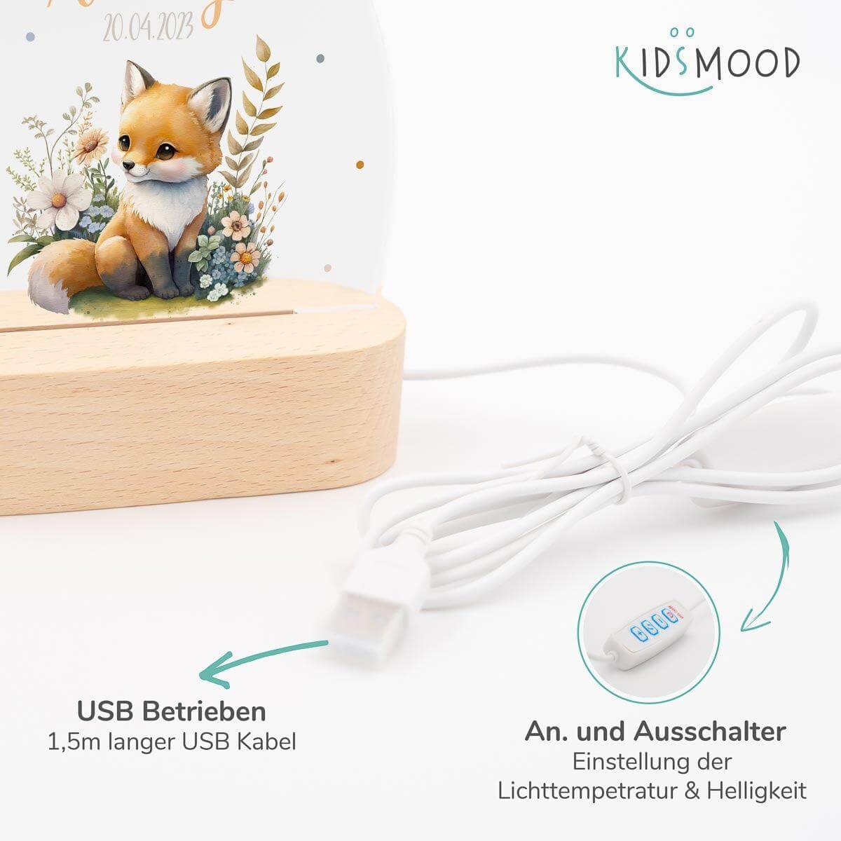 handcrafted night lamp with fuchs engraving