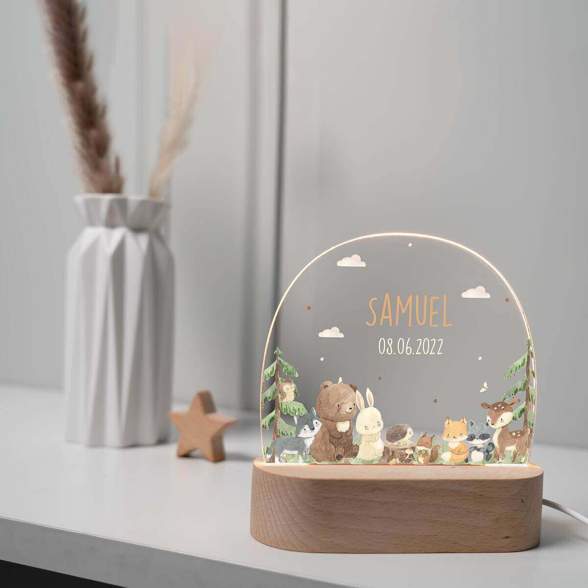 engraved night lamp with forest animals and custom name