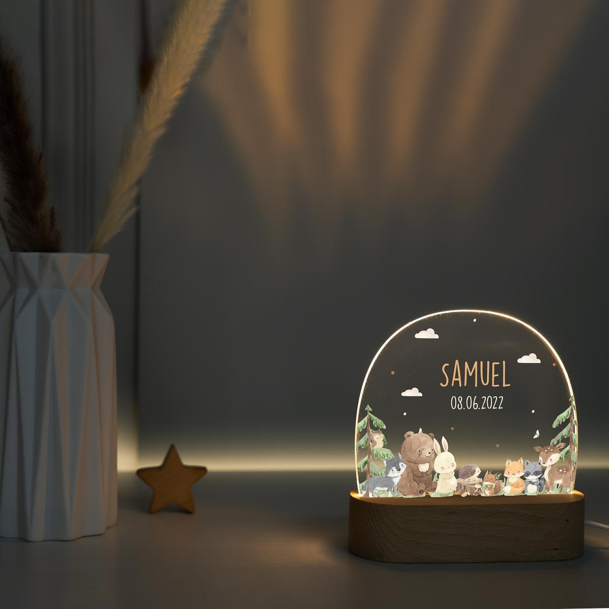 Personalisierte Nachtlampe für Kinder - Waldtiere - Name und Geburtsdatum
