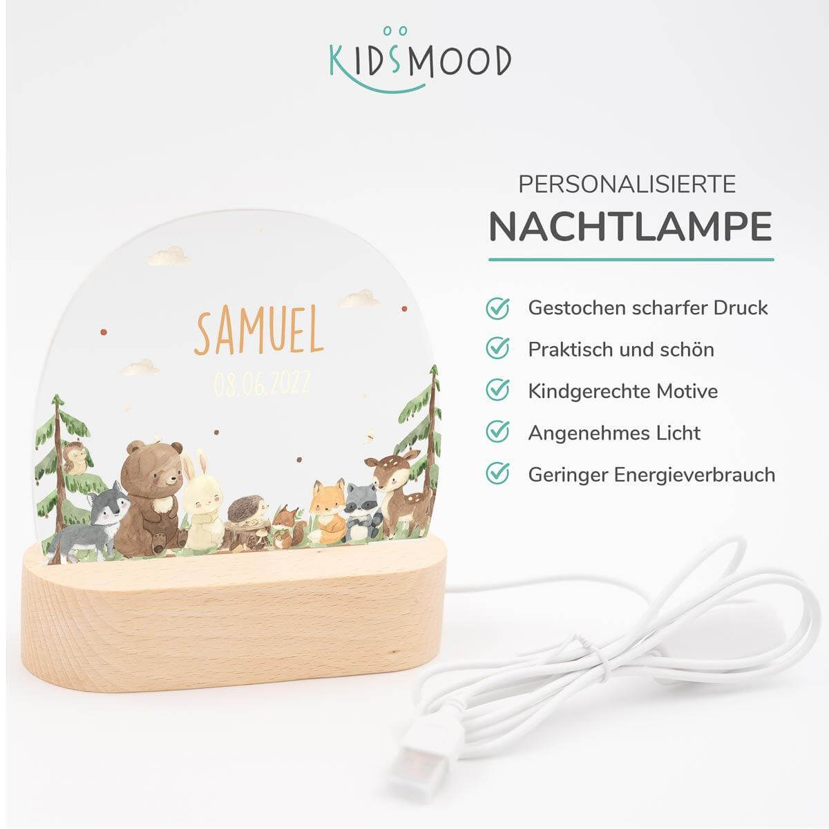 Personalisierte Nachtlampe für Kinder - Waldtiere - Name und Geburtsdatum