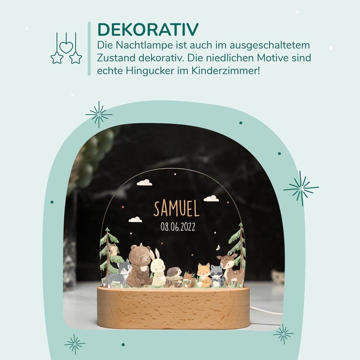 Personalisierte Nachtlampe für Kinder - Waldtiere - Name und Geburtsdatum