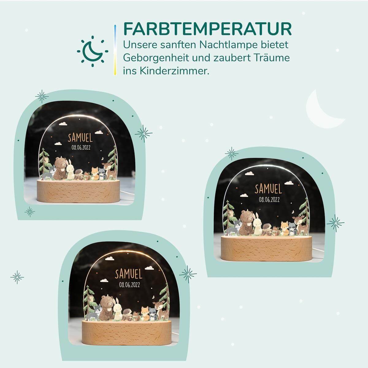 Personalisierte Nachtlampe für Kinder - Waldtiere - Name und Geburtsdatum