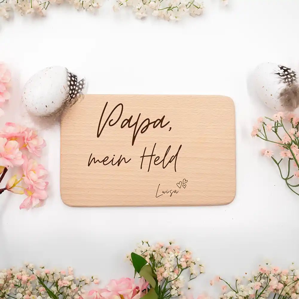 Frühstücksbrettchen Holz Papa mein Held mit Gravur - Geschenk Vatertag