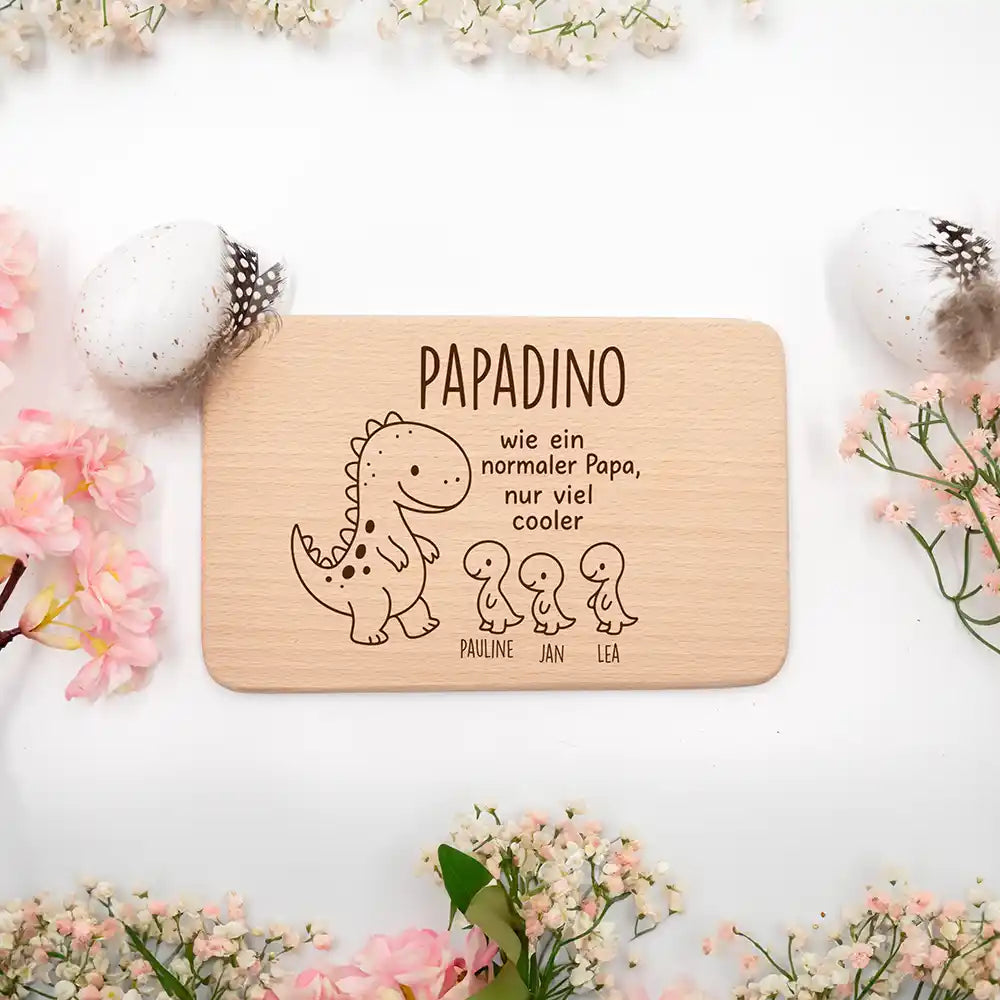 Frühstücksbrettchen Holz Dino mit Gravur - Geschenk Vatertag
