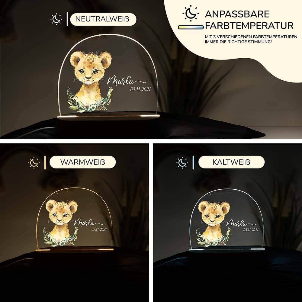 engraved night lamp with lion motif and custom name