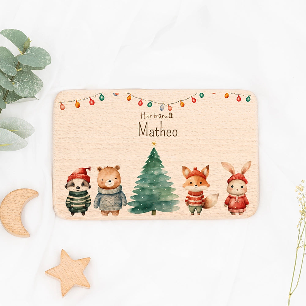 Frühstücksbrettchen Weihnachten mit Tieren und Lichterkette - Geschenk Weihnachten