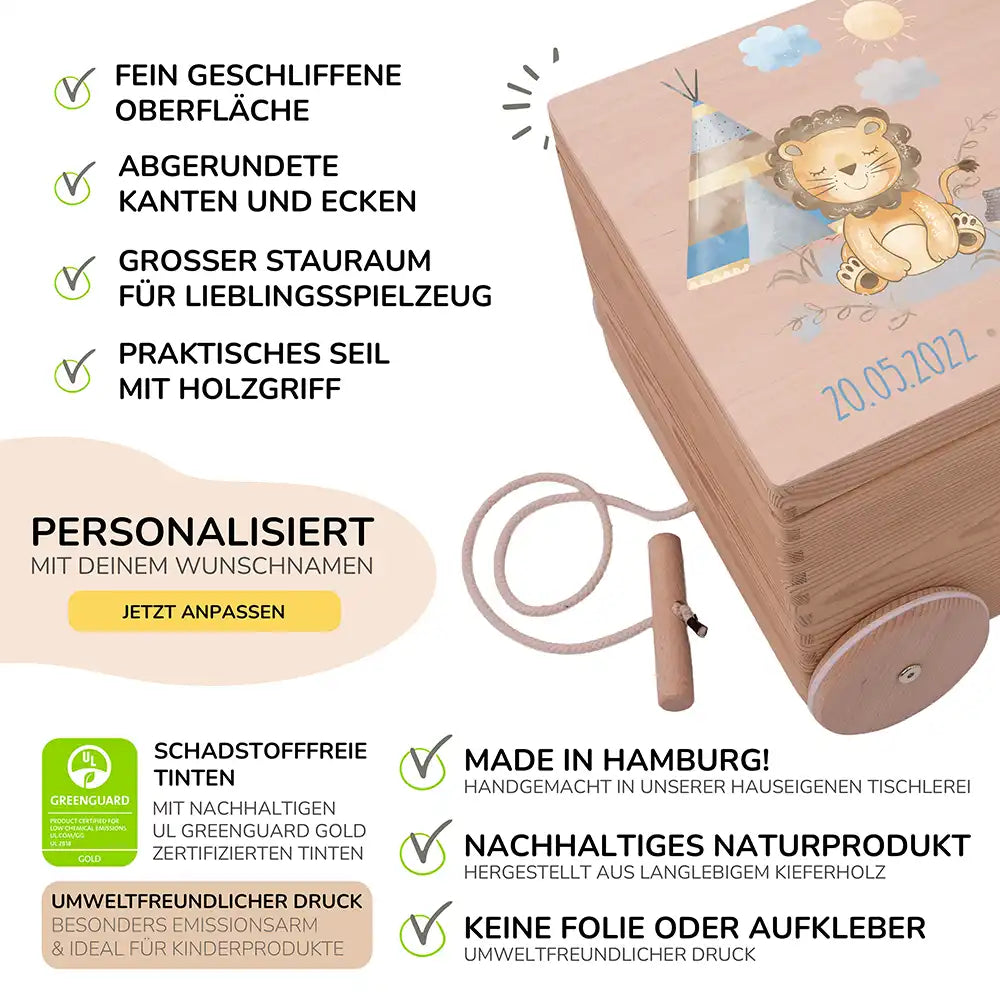 Spielzeugkiste mit Rädern personalisiert - Löwe mit Tipi