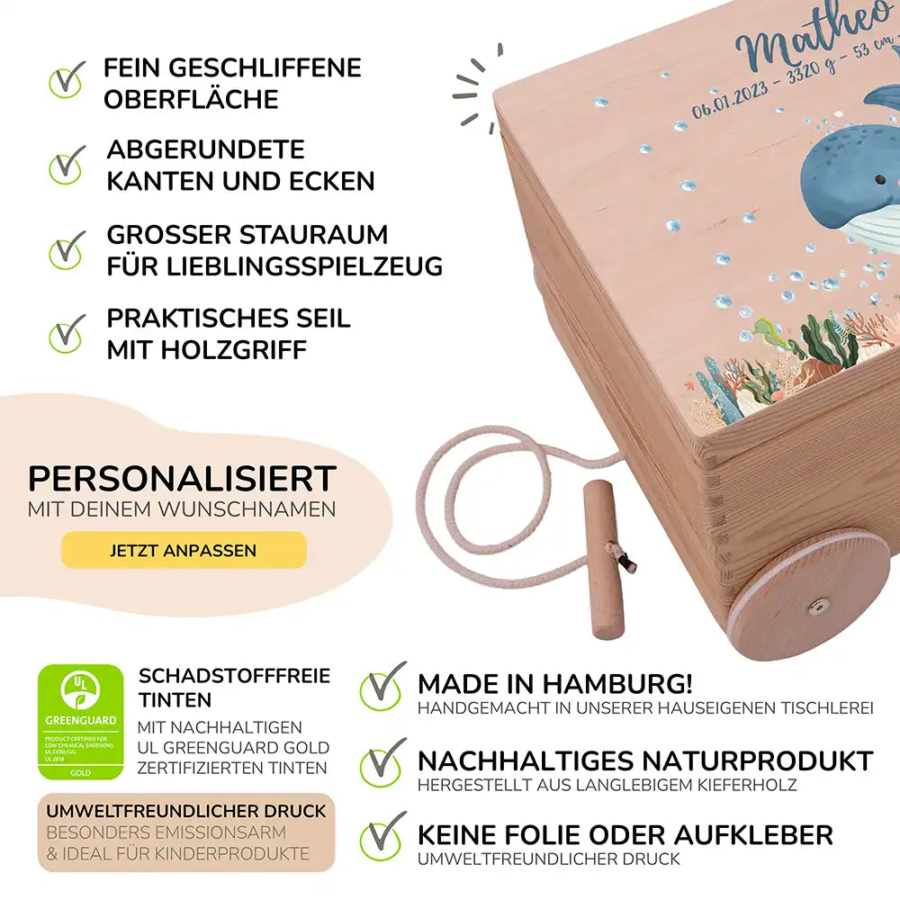 Spielzeugkiste mit Rädern personalisiert - Niedlicher Wal