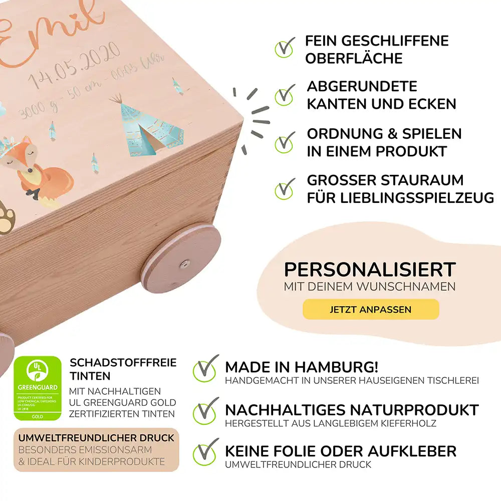 Spielzeugkiste mit Rädern personalisiert - Bär und Regenbogen