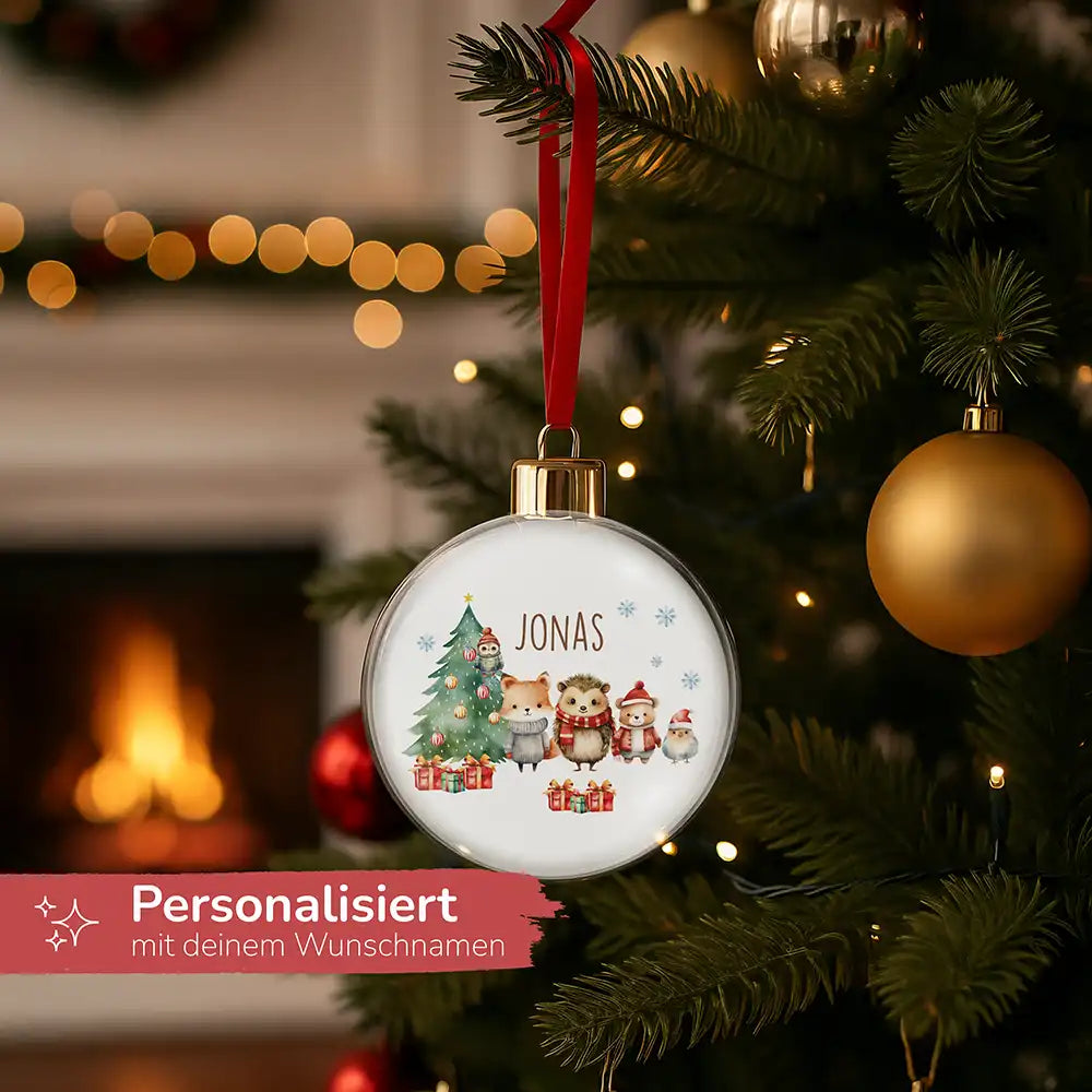 Weihnachtskugel personalisiert mit Namen - Tiere im Wald