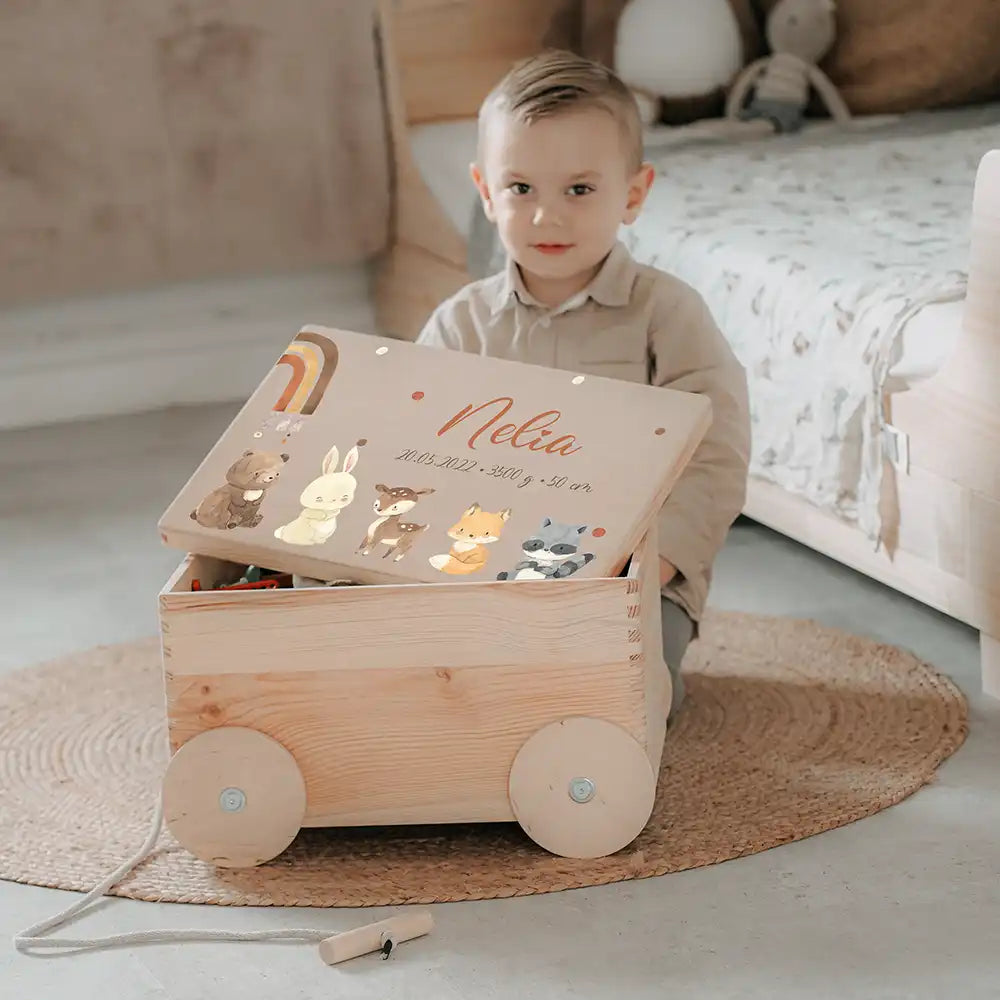 Spielzeugkiste mit Rädern personalisiert - Tierfreunde