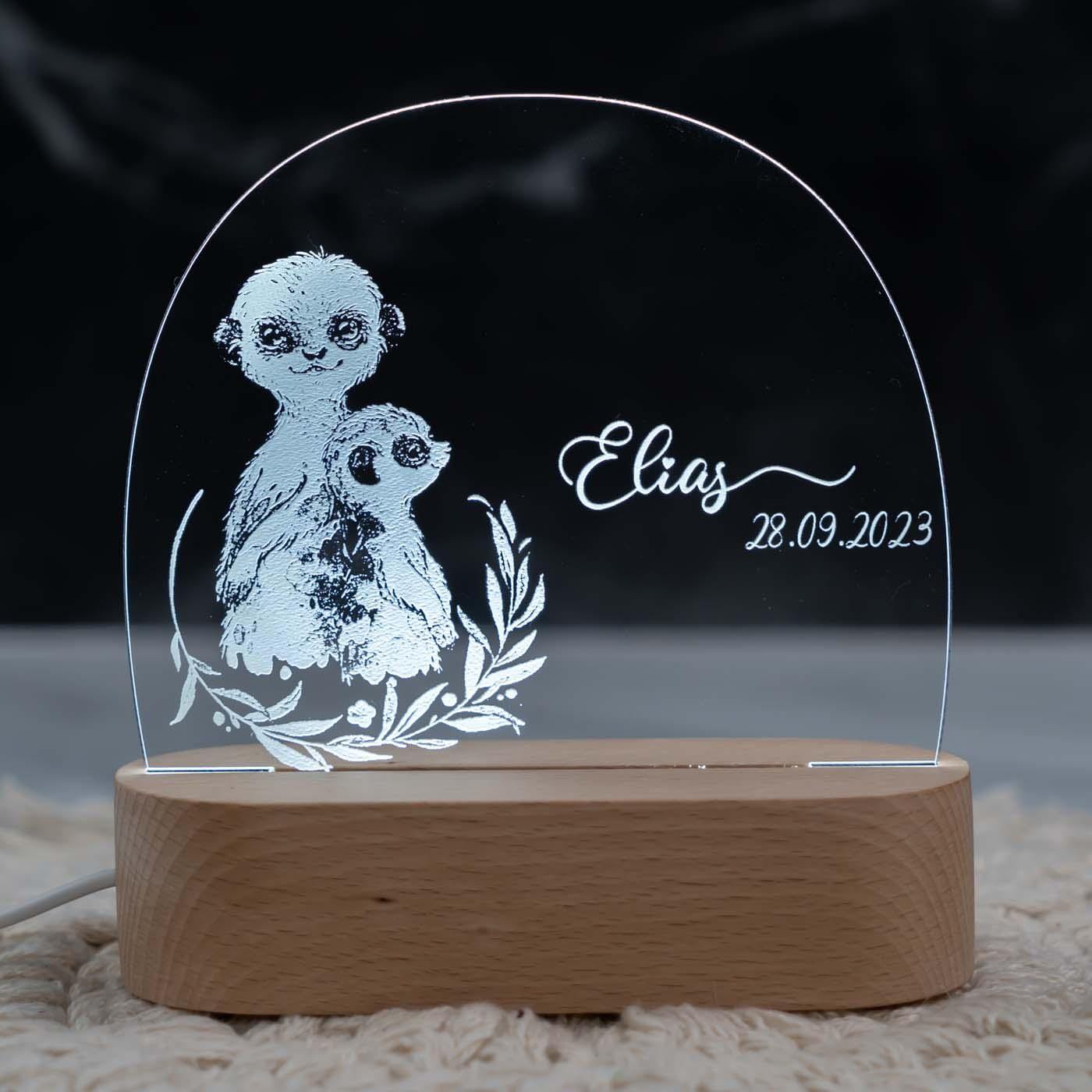 Personalisierte Nachtlampe für Kinder - Erdmännchen - Name und Geburtsdatum