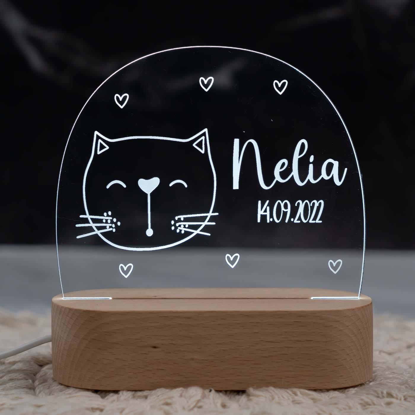 Personalisierte Nachtlampe für Kinder - Kater - Name und Geburtsdatum