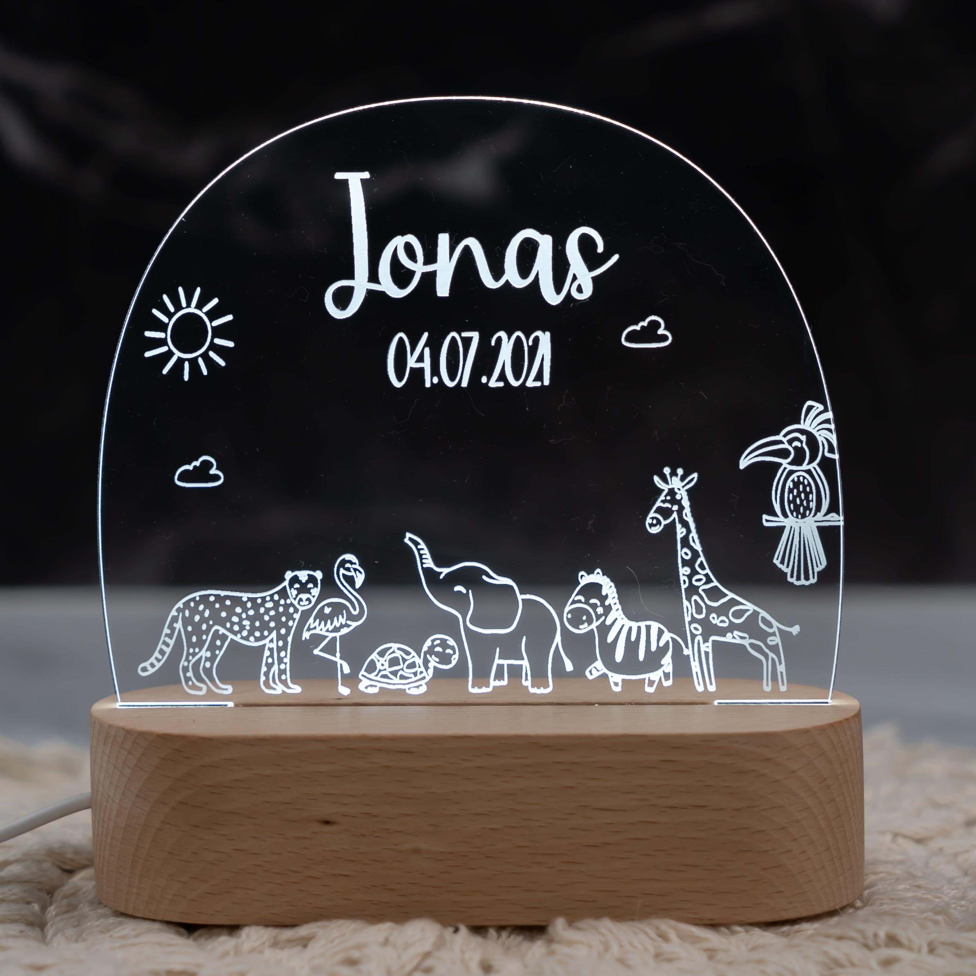 Personalisierte Nachtlampe für Kinder - Safari - Name und Geburtsdatum