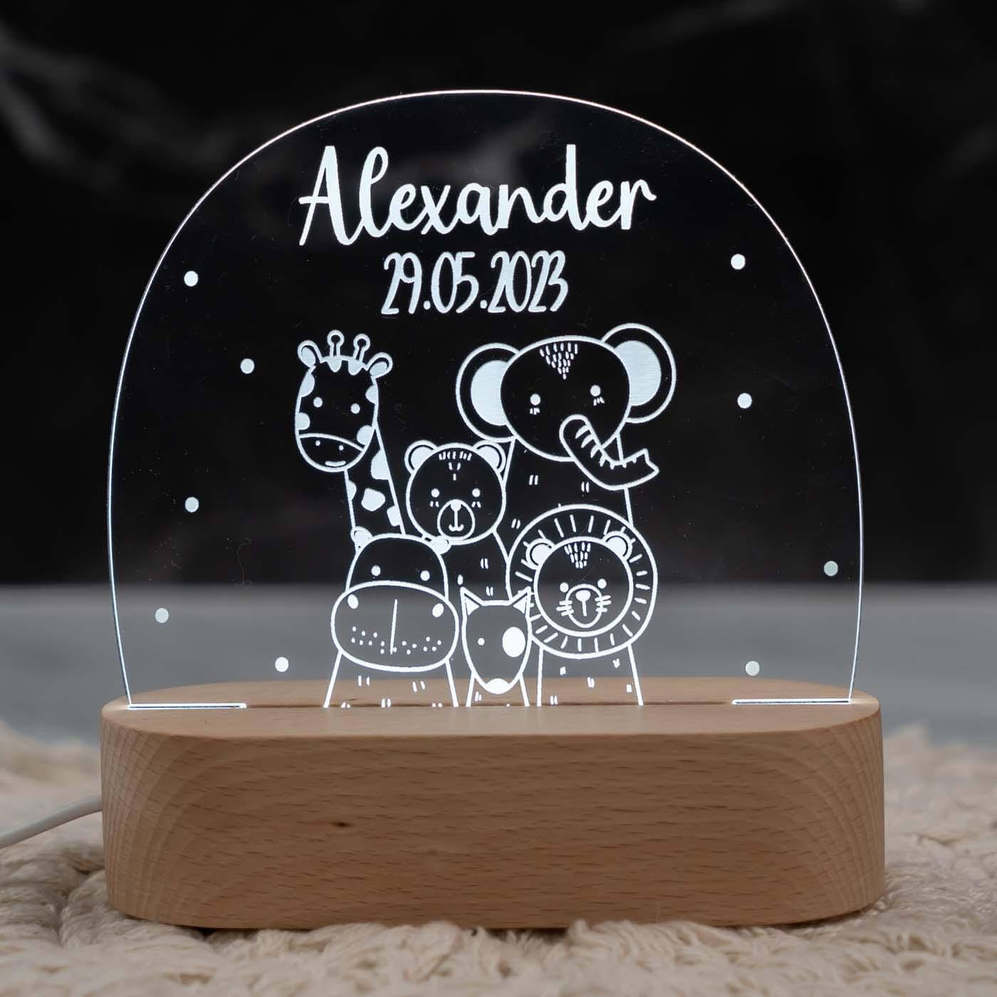Personalisierte Nachtlampe für Kinder - Tierfreunde - Name und Geburtsdatum